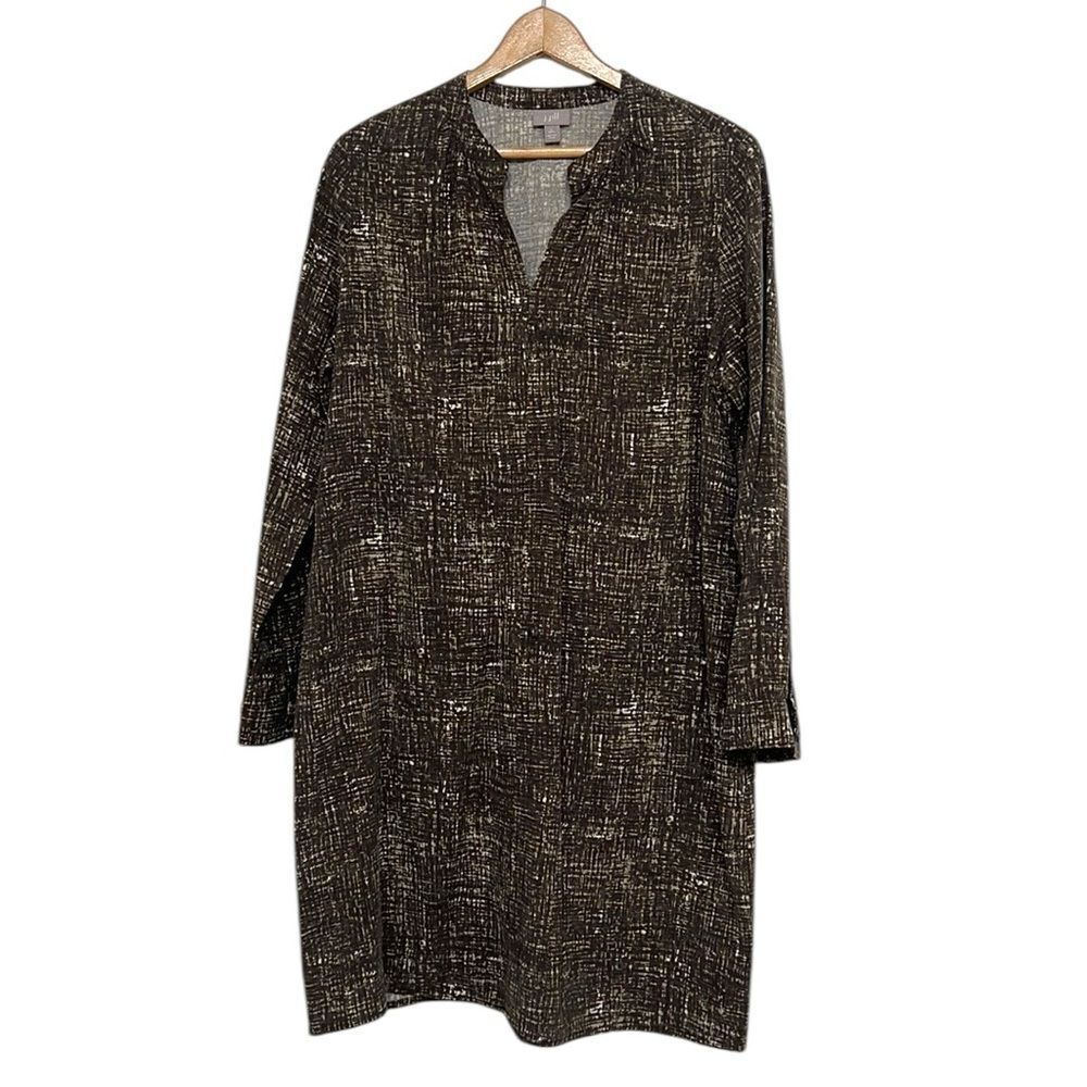 J. Jill 100% Silk Brown Tunic Dress Petite Large Long Sleeve V Neck